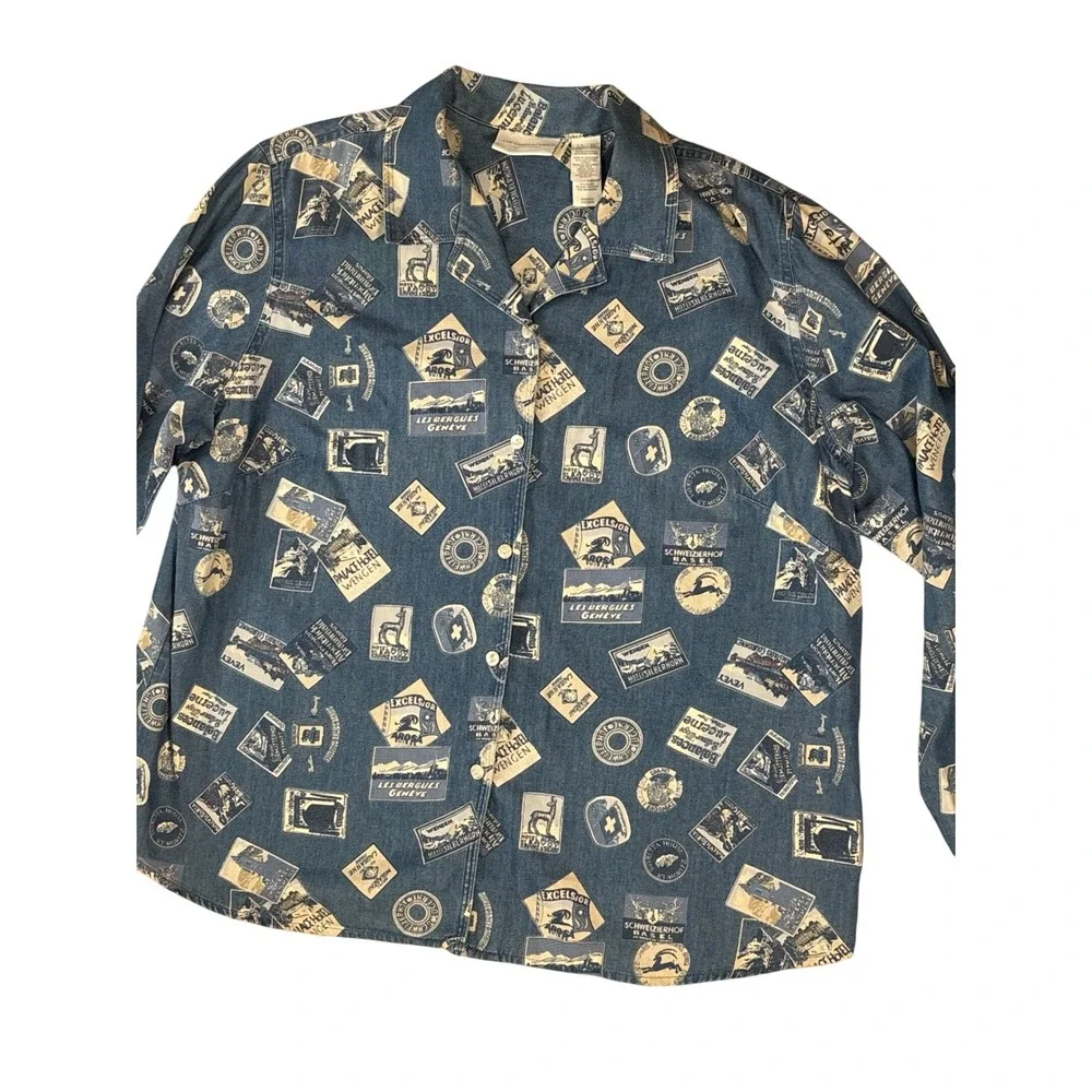 VTG 90s‎ Lizwear Denim Postage Stamp Western Button Down Shirt - Picture 2 of 6